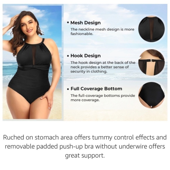 Aqua Eve Plus Size Swimsuit One Piece Tummy Control High Neck Ruched Size 18W - Picture 7 of 9